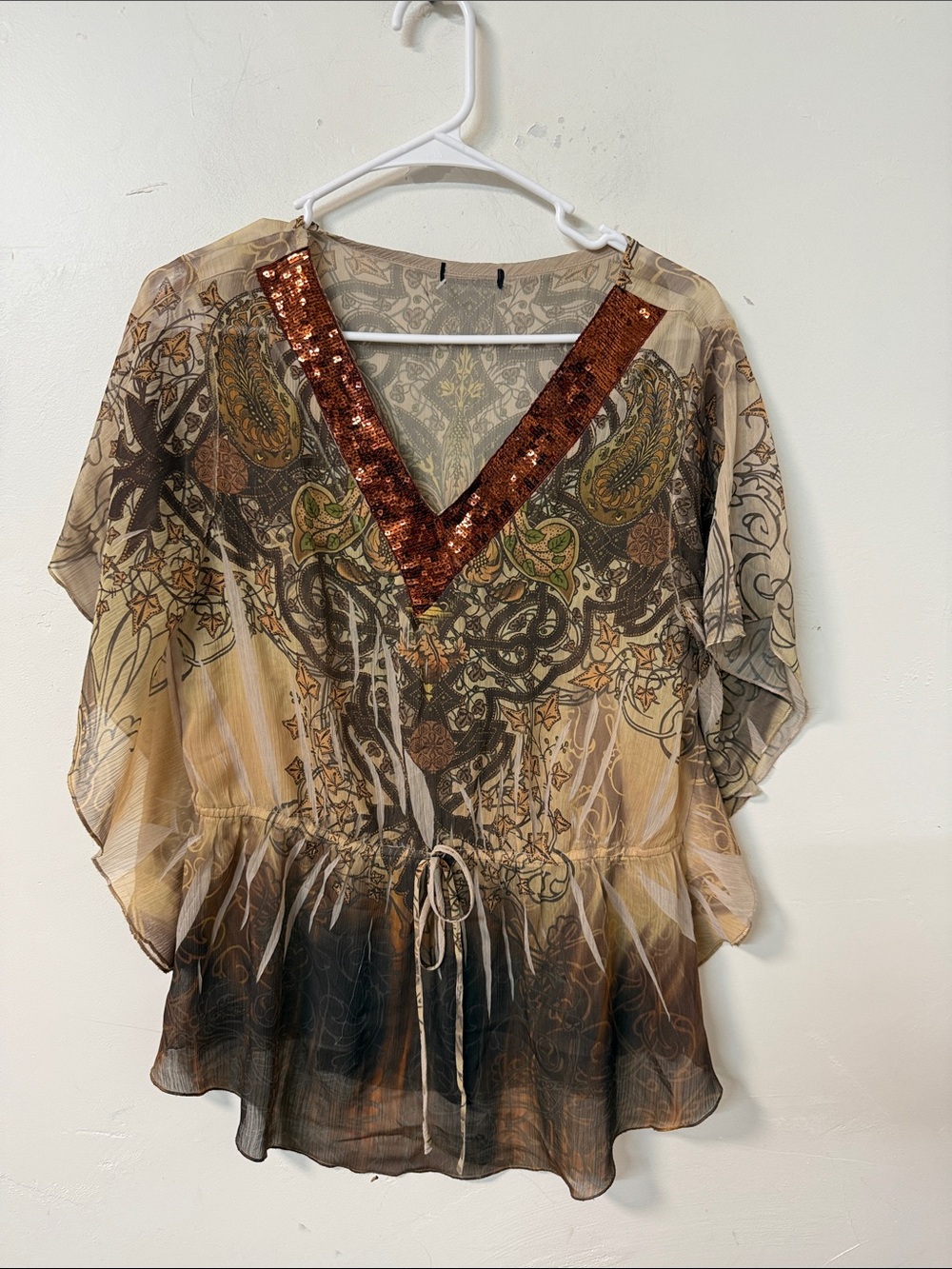 Boho V-Neck Sequin Trim Women's Blouse in Brown and Cream Y2K